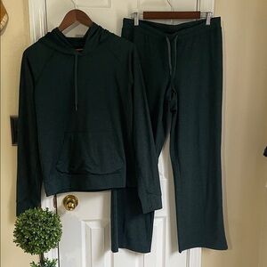 Quince Forest Green Preppy Minimalist Hoodie & Wide Leg Pant Set